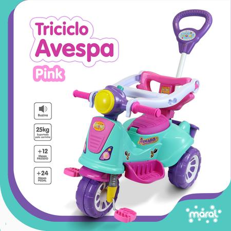 Imagem de Triciclo Motoca Infantil Com Empurrador e Haste Removível Avespa Pink Maral