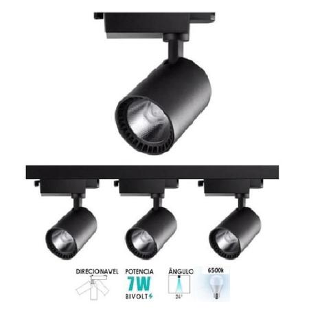 Imagem de Trilho Eletrificado 1 Metro Preto Com 3 Spots Led 7W 6500K