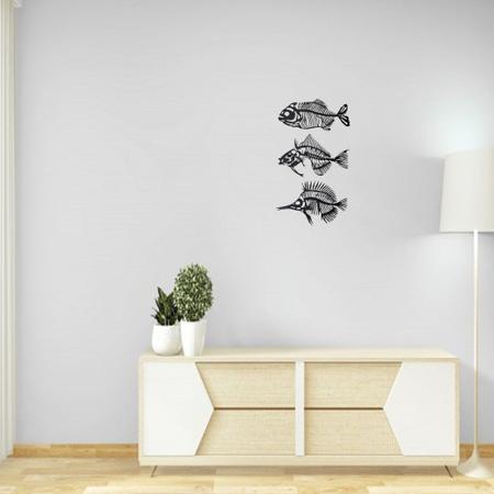 Imagem de Trio De Quadros Decorativos Peixes Em Mdf Laminado Preto Esqueleto Espinha Aplique de Parede