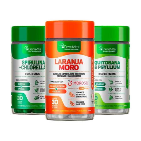 Trio Fitness Denavita: Laranja Moro, Spirulina com Chlorela, Quitosana e Psyllium