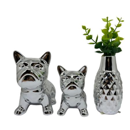 Imagem de Trio vaso de cerâmica + dois enfeites buldoguê na cor prata