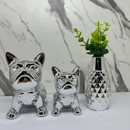 Imagem de Trio vaso de cerâmica + dois enfeites buldoguê na cor prata