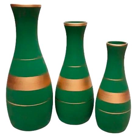 Imagem de Trio Vasos Garrafas Grandes em Cerâmica Fosca Decorativa - Green Gold