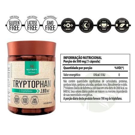 Imagem de Triptofano Tryptophan 190mg 5htp 60 capsulas Vegano - Nutrify