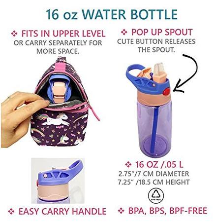 Imagem de Unicórnio Toddler Lunch Box & Water Bottle Set for Girls Kids, Saco isolado para Baby Girl Creche Pré-Escola Jardim de Infância, Caixas de Recipiente para Lanches Infantis Pequenos Almoços, 2 Compartimentos, Unicornio Roxo