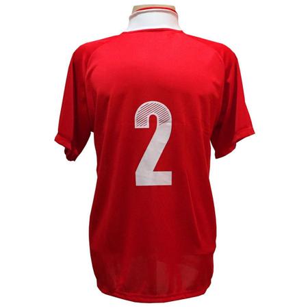 Imagem de Uniforme Esportivo com 20 Camisas modelo Milan Vermelho/Branco + 20 Calções modelo Madrid Branco 