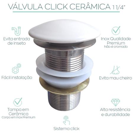 Imagem de Valvula Click 1 1/4 Ceramica Branca Inox Ralo Pia Cuba Banheiro Valvula para Lavatorio Escoamento Lavabo 40mm