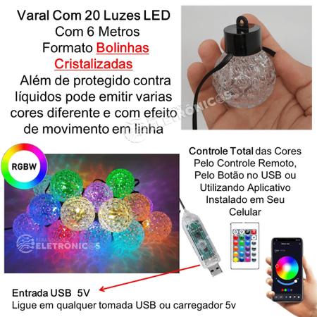 Imagem de Varal 6m 20 LEDs Bolinha USB Cristalizadas RGBW Com Controle e APP  TB1872