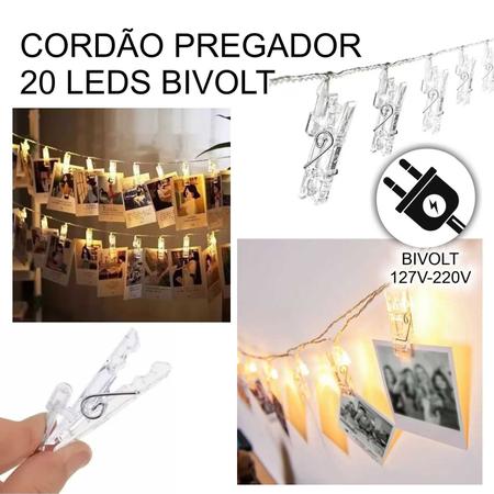Imagem de Varal Cordão Fio Pregador Prendedor Luz LED 20 Fotos 3,5M