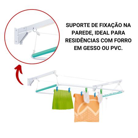 Imagem de Varal de Parede Aço Reforçado Para Teto de Gesso Suporte Fixo Apartamento Lavanderia