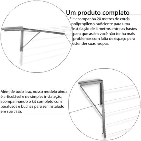 Imagem de Varal De Parede Dobrável Retrátil Articulável Mão Francesa 5 Cordas 20 Metros