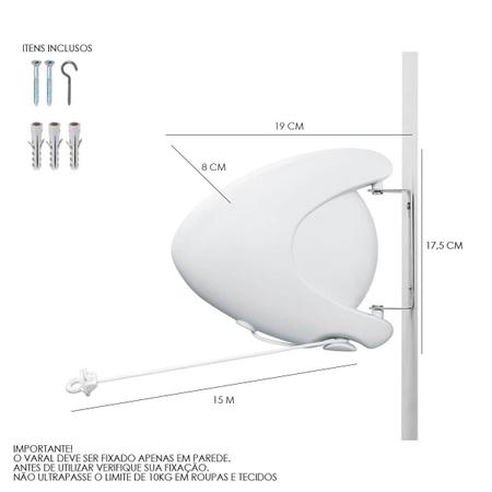 Imagem de Varal De Parede Recolhível Retrátil Para Fixar de Lavanderia 15m Branco