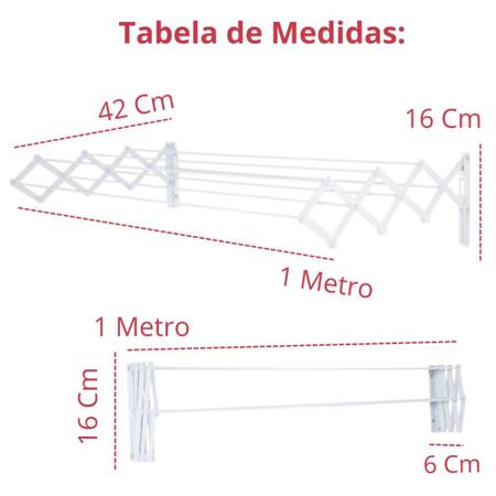Imagem de Varal de Parede Retratil Sanfonado 1 Metro + Kit Instalacao Branco Aco para Apartamentos e Casas  Mor 