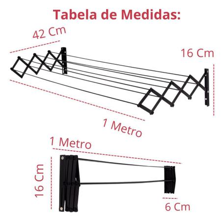 Imagem de Varal de Parede Retratil Sanfonado 1 Metro + Kit Instalacao Preto Aco para Apartamentos e Casas  Mor 