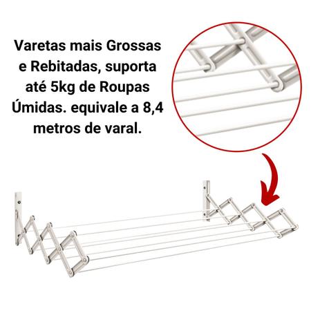 Imagem de Varal de Parede Sanfonado Vai e Vem Retrátil 60cm Branco Resistente Ideal Para Pequenos Espaços - Secalux