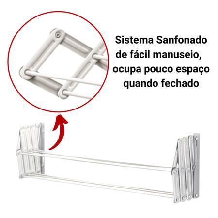 Imagem de Varal de Parede Sanfonado Vai e Vem Retrátil 60cm Branco Resistente Ideal Para Pequenos Espaços - Secalux