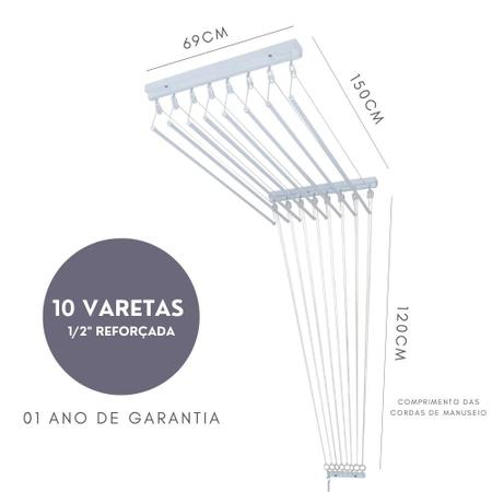 Imagem de Varal Individual De Teto 150cm x 10 Varetas - Em Alumínio Branco