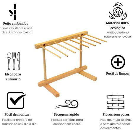 Imagem de Varal para secar macarrão secador de massa fresca bambu ecokitchen dobrável 8 hastes suporte cozinha