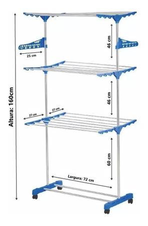 Imagem de Varal Torre 3 Andares Inox Retratil Compacto 4 Rodinhas Azul - Mazzilli