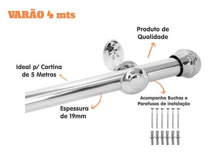 Imagem de Varão De Cortina Bastão 4 Metros Cromado 19mm Fino Varal Kit Completo Instalação