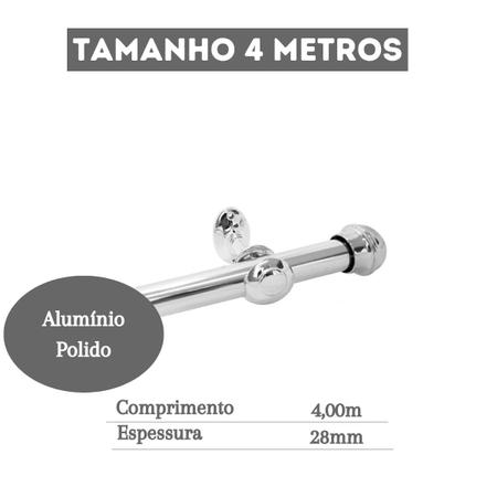 Imagem de Varão De Cortina Bastão 4 Metros Cromado 28mm Grosso Varal Kit Completo Instalação