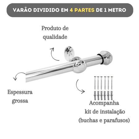 Imagem de Varão De Cortina Bastão 4 Metros Cromado 28mm Grosso Varal Kit Completo Instalação