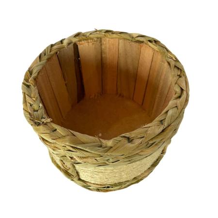 Imagem de Vaso Cachepo Madeira C/ Palha Taboa Cesto Trançado 14x19x19 Redondo Artesanal