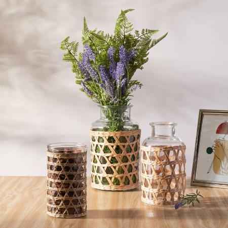 Imagem de Vaso De Vidro Para Flores Plantas Grande 22cm Decorativo Com Fibra Natural