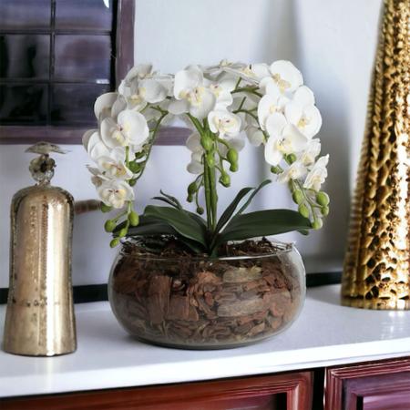 Imagem de Vaso Flor Artificial Orquídea Branca em Silicone