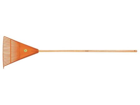 Vassoura plastica laranja 22 dentes com cabo de madeira de 120 cm para jardim tramontina Imagem de Vassoura plastica laranja 22 dentes com cabo de madeira de 120 cm para jardim tramontina