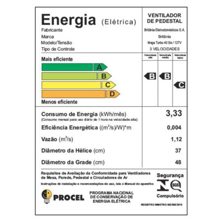 Imagem de Ventilador de Coluna Britânia Mega Turbo Six, 40cm, 3 vel, 6 Pás, Preto - 220V