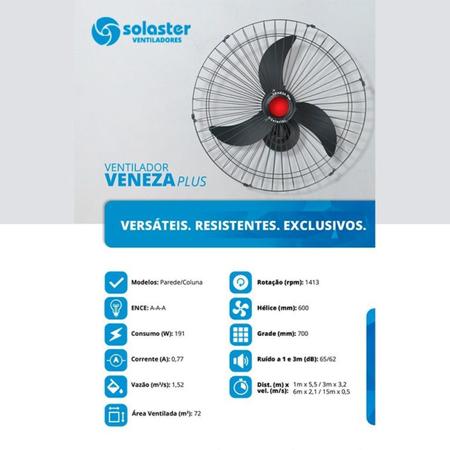Imagem de Ventilador de Parede 70cm Solaster 3 Pás 270W Veneza Bivolt