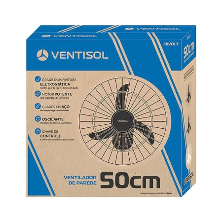 Imagem de Ventilador de parede oscilante 50cm 200w preto bivolt (127v e 220v) ventisol alta potencia 3 pás