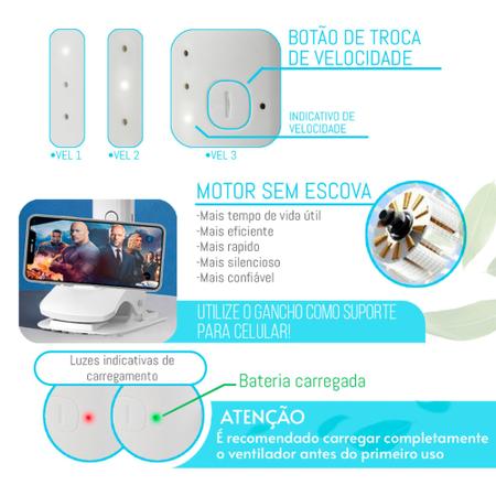 Imagem de Ventilador Mesa Portátil Multifunção USB Recarregavel Silencioso 3 potencias com Clipe 3 Pás 4 Modos