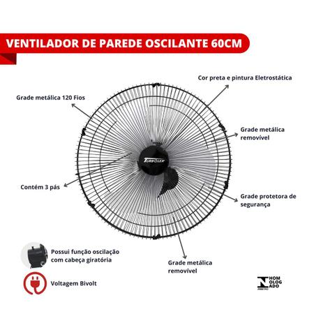 Imagem de Ventilador Oscilante de Parede 60cm 120 Fios Preto Bivolt - Vitalex