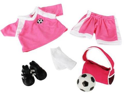 Imagem de Vestido ao longo Dolly Soccer Uniform 6 Pc Premium Handmade Outfit para menina americana, corações afins, Adora, nossa geração e todas as bonecas de 18 polegadas - Conjunto de acessórios de roupas