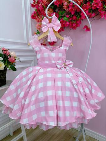 Vestido Infantil Barbie Rosa Branco Xadrez Filme Look Festa no