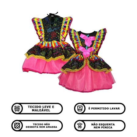 Imagem de Vestido Bebe Festa Junina de Luxo Xadrez Rosa e Preto Roupa Fantasia Caipirinha 0 a 12 Meses