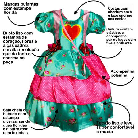 Vestido Infantil de Festa Junina Xadrez Rosa & Corações + Bolsinha