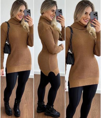 Vestido Blus o Max Trico Modal Gola Alta Mini Fenda Vest Leg top