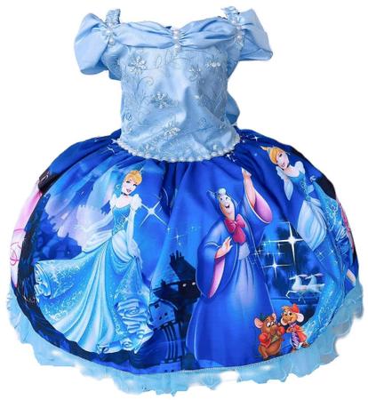 Vestido Cinderela Azul Princesa Disney Luxo Menina Infantil