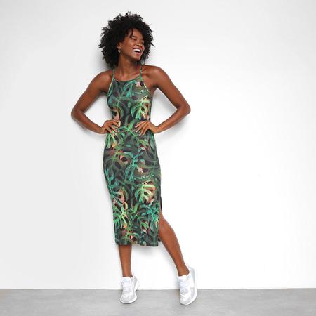 Vestido Colcci Midi Tubinho Canelado Floral Fendas Vestido