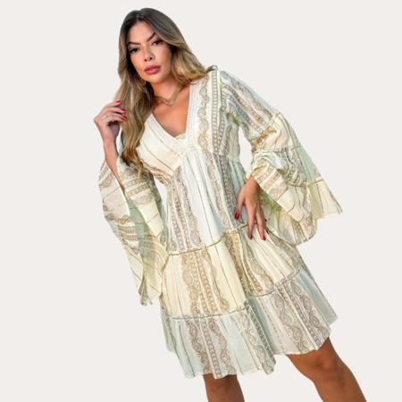 Vestido Curto Boho Chic De Crepe Com Manga Flare - Bella Modas Imagem de Vestido Curto Boho Chic De Crepe Com Manga Flare