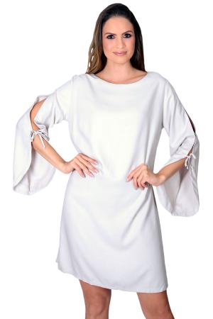 Vestido curto com mangas boca sino e decote careca bege