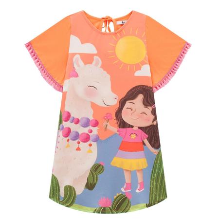 Vestido Curto Infantil Meia Malha Laranja Estampado Kukiê Imagem de Vestido Curto Infantil Meia Malha Laranja Estampado Kukiê