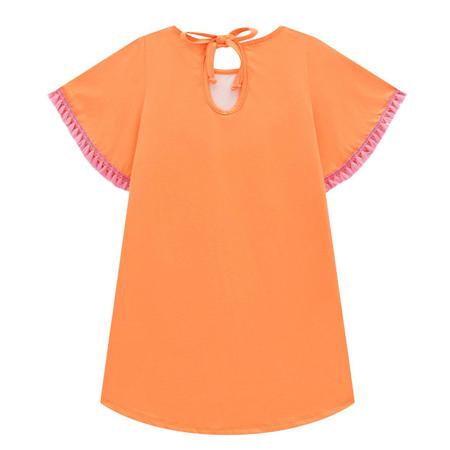 Vestido Curto Infantil Meia Malha Laranja Estampado Kukiê Imagem de Vestido Curto Infantil Meia Malha Laranja Estampado Kukiê