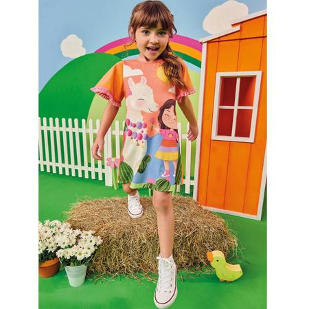 Vestido Curto Infantil Meia Malha Laranja Estampado Kukiê Imagem de Vestido Curto Infantil Meia Malha Laranja Estampado Kukiê