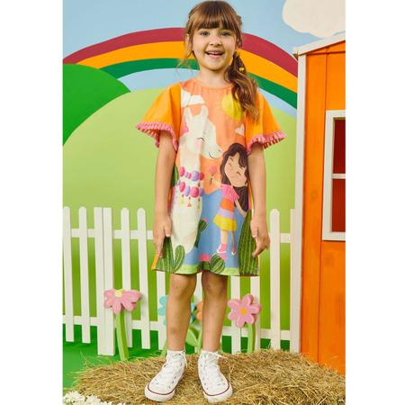Vestido Curto Infantil Meia Malha Laranja Estampado Kukiê Imagem de Vestido Curto Infantil Meia Malha Laranja Estampado Kukiê