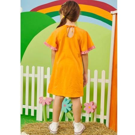 Vestido Curto Infantil Meia Malha Laranja Estampado Kukiê Imagem de Vestido Curto Infantil Meia Malha Laranja Estampado Kukiê