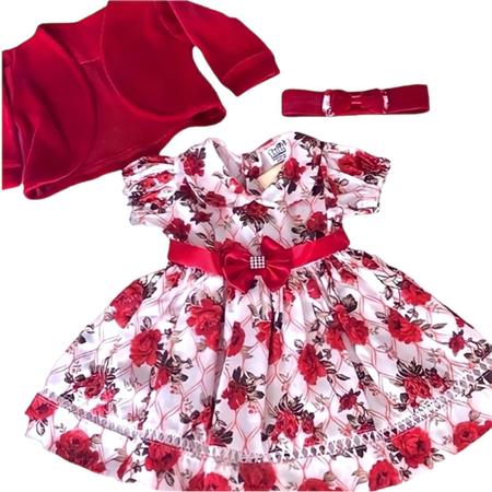 Imagem de Vestido de Bebê menina infantil 3 peças com bolero e tiara 100% algodão - Imperial Vermelho